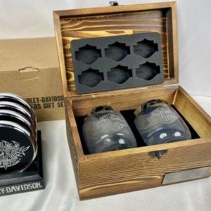 Harley-Davidson Bonus Gift Set Coasters, Collectible Box 2 Glasses & Ice Tray